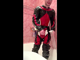Leather Biker Kinkysirius Take a Shower in Motogear Fetish Outfit!