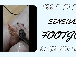Lady Angela Slow Footjob Close up Foot Tattoo Black Pedicure