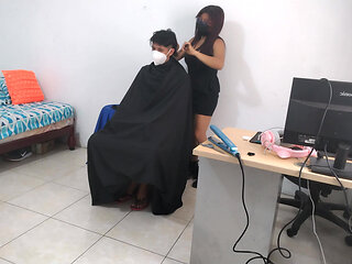The sexy hairdresser is horny at her workplace and seduces clients to fuck