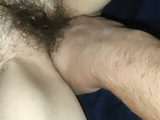Hairy pussy fingering and cumming with MagicStick, small squirt