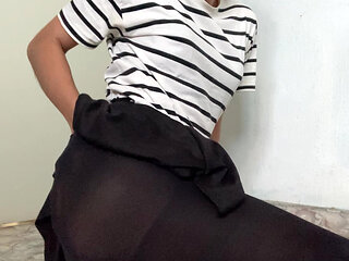 Trans girl in tights shows you her feet and wants to masturbate you