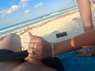 MILF Sucks Cock and Swallows Cum on the Beach POV