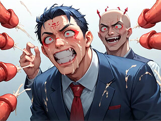 A White-haired Manager in a Suit Is Surrounded by a Storm of Red Dildos, Creating an Epic XXX Porn Scene