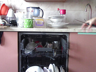 Naked sexy wife preparing food in the kitchen. Hairy brown hair, big ass, big tits.