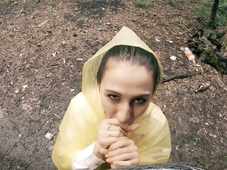 Black Lynn in Yellow Raincoat Sucking Cock in the Woods - Outdoor Blowjob and Cum in Mouth