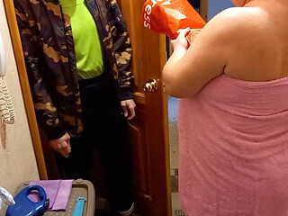 Doggy-style sex and blowjob to a courier