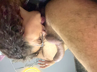 Horny MILF visits her lover to suck his huge cock and also his hairy ass in his office