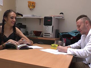 Mordicia in hot office action with her pigtail hair