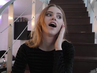 Teen Margarita's tiny titties bounce in HD as she strokes her wet slit on a couch