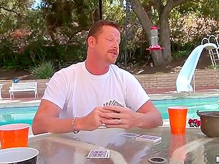 Sweet and horny Esperenza Diaz and Tegan Riley plying strip poker with their neighbor