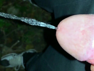 Slowmotion and Close up. Unwashed Uncut Cock Piss on the Ground Outdoor. Long Piss Stream