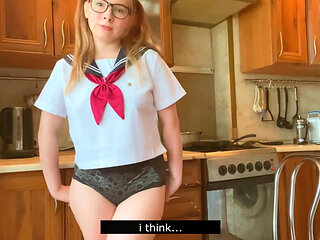 Cosplay in Japanese College Uniform, Girl Masturbates and Cums in the Kitchen