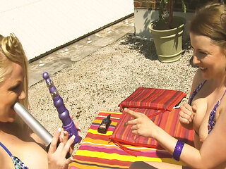 Lesbians in Hot Scene 3: Blonde and Brunette MILFs in Bikinis Enjoy Using Their Dildos Together Until Orgasm