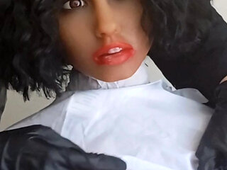 Topless ebony sex doll hairdressing cape fetish play