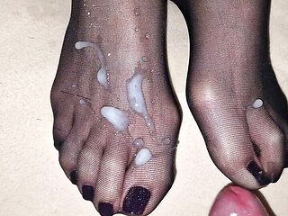 Shiny semen on wife's black nylon feet - black polish pedicure