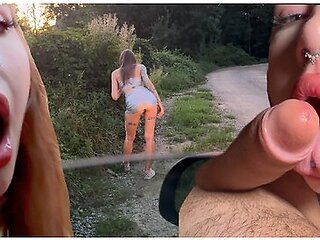 He Was Jerking Off In The Car While . She Came And Took It In Her Mouth With His Cum