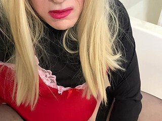 Amateur Sissy Crossdresser try's to squirt on dildo  for Daddy and talks about him paying  $8k for her breast  implants Part 4-