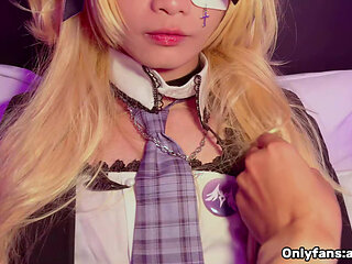 Genshin Impact - Cute big-dicked femboy cosplaying Fischl gets fucked until he cums!