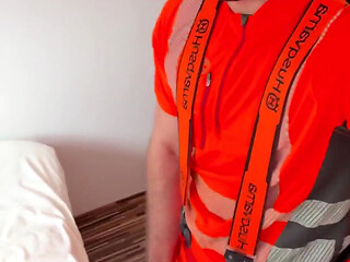 Tyler Blake Jerking off in Hivis Lumberjack Workwear - Muscle Flexes & Explosive Cumshot