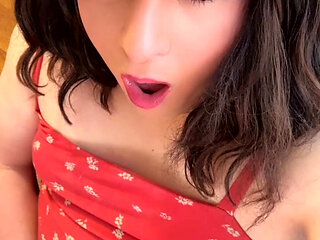 Sissy Crossdresser Jerks Her Cock While Mistress Isn't Looking