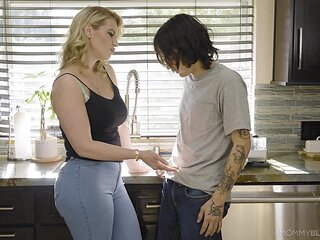 Rachael Cavalli, the busty blonde milf, gets her kitchen filled with cum.