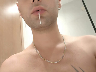 Spitting Guys Cum and Licking It Again in Hotel Bathroom - Cum Play