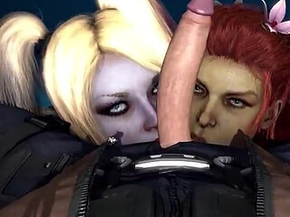 Harley Quinn and Ivy Deepthroating a Naughty Fucking Cock