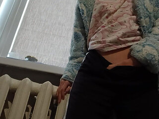 A Slender Brunette in a Robe Masturbates at Home After University