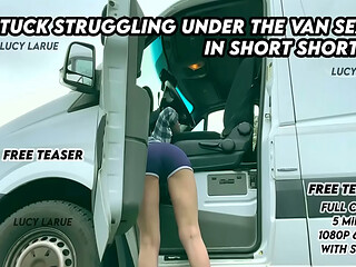 Stuck Struggling Under The Van Seat In Short Shorts