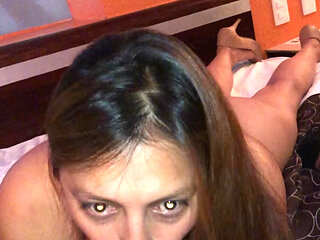 Hot MILF sucking cock like a whore all the way down in her throat