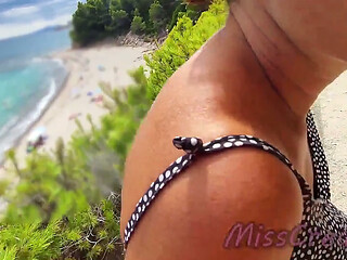 French Milf Blowjob Amateur on Nude Beach public in Greece to stranger with Cumshot - MissCreamy