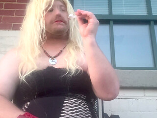 Sissy slut playing with bbc dildo in public
