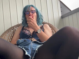 Sissy Anna playing Outdoor on Balcony with Dildo - Anal & Blow Training