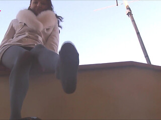 Dangling in Grey Pantyhose and Ballet Flats with Chains