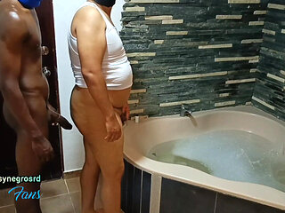 My neighbor puts me on all fours and the corner of the bathtub and then he shoves his huge thick black cock into me