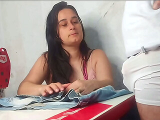 Seamstress observing customer'_s erection!