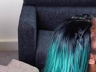 Blue Haired Beauty Sucks off a Room Full of Cock
