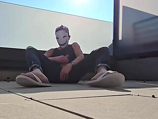 Outdoor indoor masturbation in jeans flip flops