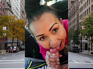 Public POV blowjob in a car by horny and busty Asian MILF slut