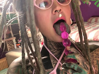 Hot Solo Tattooed Babe with Glasses Plays with Creamy Pussy & Dildo