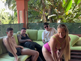 Oh she loves to gets her hole shared by these 3 big dicked guys