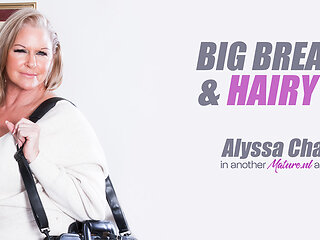 Big Breasted Milf Alyssa Charles Loves To Play With Her Hairy Pussy And A Dildo On The Sofa