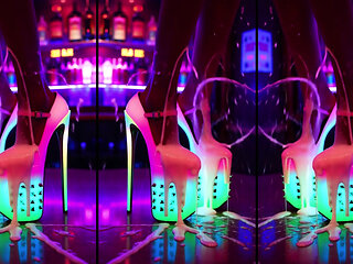 Hot high heels on a counter in a nightclub with messy cumshots on legs, feet and heels. AI-generated