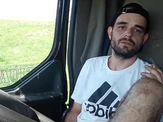 Jerking off in Shorts in a Parked Truck and Smoking a Cigarette