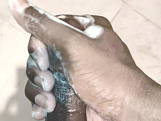 TS Azzy Doing Self Pleasure Best Soap Handjob Masturbation In Bathroom