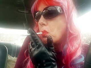 Mature TG CD Rainbow Wig Leather Gloves Smoking VS120s like a PRO in her car