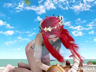 3D Red Head Asian Slut with Sexy Lingerie Sit on the Big Cock