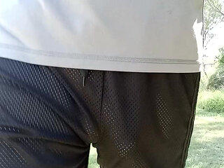 Big cock outdoors - fully exposed on a hike.. taking see through shorts off