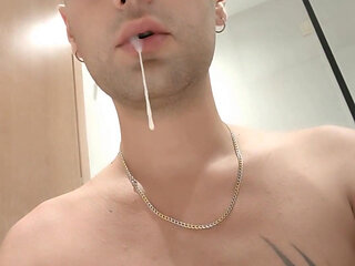 Spitting Guys Cum and Licking It Again in Hotel Bathroom - Cum Play
