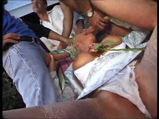 Blonde Horny Slut Was Eager to Suck Three Hard Dick at the Same Time Before She Get a Double Penetration